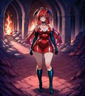 1girl ahoge artist:aisuuuuuvt black_choker black_gloves black_thighhighs character:abaddon_astary choker cleavage dress dynasty:astary elbow_gloves fire grin head_wings long_hair looking_to_the_side metadata:ai_generated metadata:illustrious metadata:sdxl morph:personification orange_eyes pet:dragon_girl place:anferos pointy_ears race:demon_lord race:original_wyvern red_dress red_hair series:akasen_fetishes size:large_breasts size:skinny size:thick_thighs size:wide_hips sleeveless smirk standing teeth thighhighs // 1024x1152 // 1.5MB