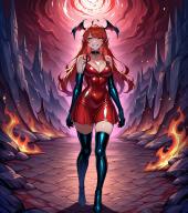 1girl ahoge artist:aisuuuuuvt black_choker black_gloves black_thighhighs character:abaddon_astary choker cleavage dress dynasty:astary elbow_gloves fire grin head_wings inside long_hair looking_to_the_side metadata:ai_generated metadata:illustrious metadata:sdxl morph:personification orange_eyes pet:dragon_girl place:anferos pointy_ears race:demon_lord race:original_wyvern red_dress red_hair series:akasen_fetishes size:large_breasts size:skinny size:thick_thighs size:wide_hips sleeveless smirk standing teeth thighhighs // 1024x1152 // 1.6MB