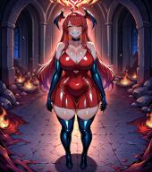 1girl ahoge artist:aisuuuuuvt black_choker black_gloves black_thighhighs character:abaddon_astary choker cleavage dress dynasty:astary elbow_gloves fire grin head_wings inside long_hair looking_to_the_side metadata:ai_generated metadata:illustrious metadata:sdxl morph:personification orange_eyes pet:dragon_girl place:anferos pointy_ears race:demon_lord race:original_wyvern red_dress red_hair series:akasen_fetishes size:large_breasts size:skinny size:thick_thighs size:wide_hips sleeveless smirk standing teeth thighhighs // 1024x1152 // 1.6MB