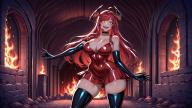 1girl artist:aisuuuuuvt bare_shoulders bdsm:latex black_choker black_gloves black_thighhighs bricks_wall character:abaddon_astary choker cleavage cowboy_shot crazy disheveled dress dynasty:astary elbow_gloves feet_out_of_frame fire gloves head_wings inside latex_dress latex_gloves latex_thighhighs lic:r&d_creations long_hair metadata:ai_generated metadata:illustrious metadata:pasanctuary metadata:sdxl morph:personification open_hands open_mouth pet:dragon_girl place:anferos race:demon_lord race:original_wyvern red_dress red_eyes red_hair series:akasen_fetishes short_dress short_sleeve single_sleeve size:large_breasts size:skinny size:thick_thighs smile spread_arms standing star-shaped_pupils star_in_eye stone_floor stone_wall teeth thighhighs // 2048x1152 // 2.8MB