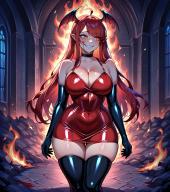 1girl ahoge artist:aisuuuuuvt black_choker black_gloves black_thighhighs character:abaddon_astary choker cleavage dress dynasty:astary elbow_gloves fire grin head_wings inside long_hair looking_to_the_side metadata:ai_generated metadata:illustrious metadata:sdxl morph:personification orange_eyes pet:dragon_girl place:anferos pointy_ears race:demon_lord race:original_wyvern red_dress red_hair series:akasen_fetishes size:large_breasts size:skinny size:thick_thighs size:wide_hips sleeveless smirk standing teeth thighhighs // 1024x1152 // 1.6MB