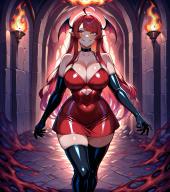 1girl ahoge artist:aisuuuuuvt black_choker black_gloves black_thighhighs character:abaddon_astary choker cleavage dress dynasty:astary elbow_gloves fire grin head_wings inside long_hair looking_to_the_side metadata:ai_generated metadata:illustrious metadata:sdxl morph:personification orange_eyes pet:dragon_girl place:anferos pointy_ears race:demon_lord race:original_wyvern red_dress red_hair series:akasen_fetishes size:large_breasts size:skinny size:thick_thighs size:wide_hips sleeveless smirk standing teeth thighhighs // 1024x1152 // 1.5MB