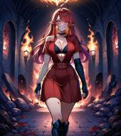 1girl ahoge artist:aisuuuuuvt black_boots black_bra black_choker black_gloves blood boots character:abaddon_astary choker dress fingerless_gloves fire inside knee_boots lic:r&d_creations long_hair medium_dress metadata:ai_generated metadata:illustrious metadata:pasanctuary metadata:sdxl morph:personification orange_eyes pet:dragon_girl place:anferos pointy_ears race:demon_lord race:original_wyvern red_dress red_hair ruins series:akasen_fetishes short_sleeves single_bare_shoulder single_detached_sleeve single_elbow_glove size:medium_breasts size:narrow_waist size:skinny stone_floor stone_wall // 1024x1152 // 1.6MB