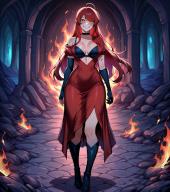 1girl ahoge artist:aisuuuuuvt black_boots black_bra black_choker black_gloves boots character:abaddon_astary choker dress elbow_gloves fire inside knee_boots lic:r&d_creations long_dress long_hair metadata:ai_generated metadata:illustrious metadata:pasanctuary metadata:sdxl morph:personification orange_eyes pet:dragon_girl place:anferos pointy_ears race:demon_lord race:original_wyvern red_dress red_hair ruins series:akasen_fetishes short_sleeves single_bare_shoulder single_detached_sleeve single_fingerless_glove size:medium_breasts size:narrow_waist size:skinny slit_dress stone_floor stone_wall // 1024x1152 // 1.5MB